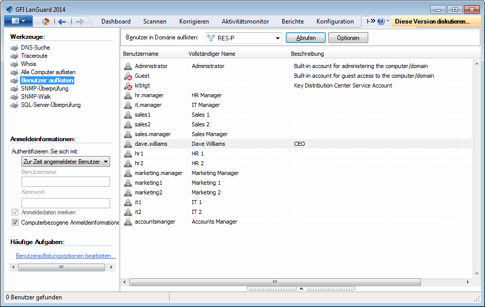 13.5 Auflisten von Benutzern Screenshot 185: Dialog des Tools Benutzer auflisten So scannen Sie das Active Directory und laden eine Liste aller Benutzer und Kontakte in dieser Datenbank: 1.