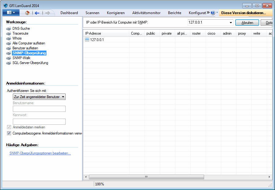 13.6 SNMP-Überprüfung Screenshot 186: Tool SNMP-Überprüfung Dieses Tool identifiziert und meldet schwache SNMP-Strings.