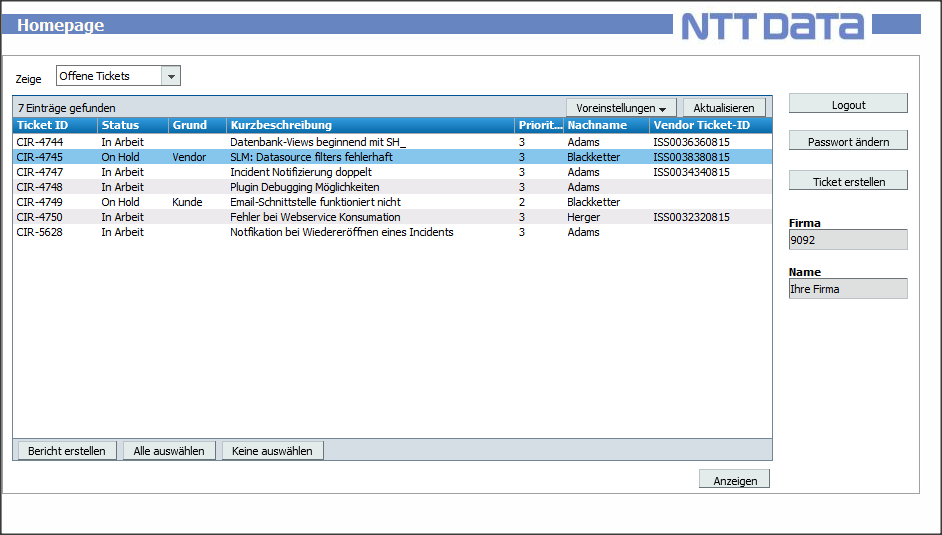 2 Helpdesk 2.1 Homepage Nach dem Login gelangen Sie zur Homepage der NTT DATA Helpdesk-Applikation: Derzeit stehen folgende Funktionen zur Verfügung: - Neue Tickets erstellen (2.2.1) - Vorhandene Tickets anzeigen (0) - Berichte von allen oder ausgewählten Tickets erstellen (2.