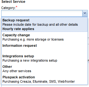 Geben Sie bei Type f Request die Art der Anfrage an: Service Request (Service-Anfrage), Change Request (Änderungs-Anfrage) der Failure (Fehler).