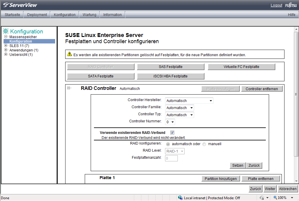 5.2 Massenspeicher konfigurieren Massenspeicher konfigurieren für die Installation von Linux- und VMware-Systemen Bild 41: RAID / Festplatten-Wizard im Modus "Benutzerdefiniert" Die Konfiguration für