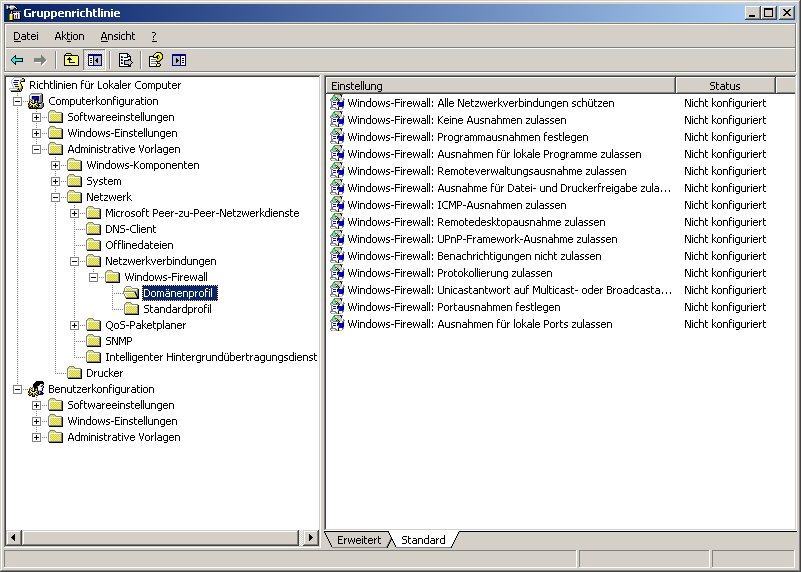 4.3 Windows XP per GPO zusätzliche Ausnahme aktivieren GPO Editor starten In Windows XP Firewall Ausnahmen fehlt die in Windows Vista und Windows 7 vorhandene Ausnahme Windows