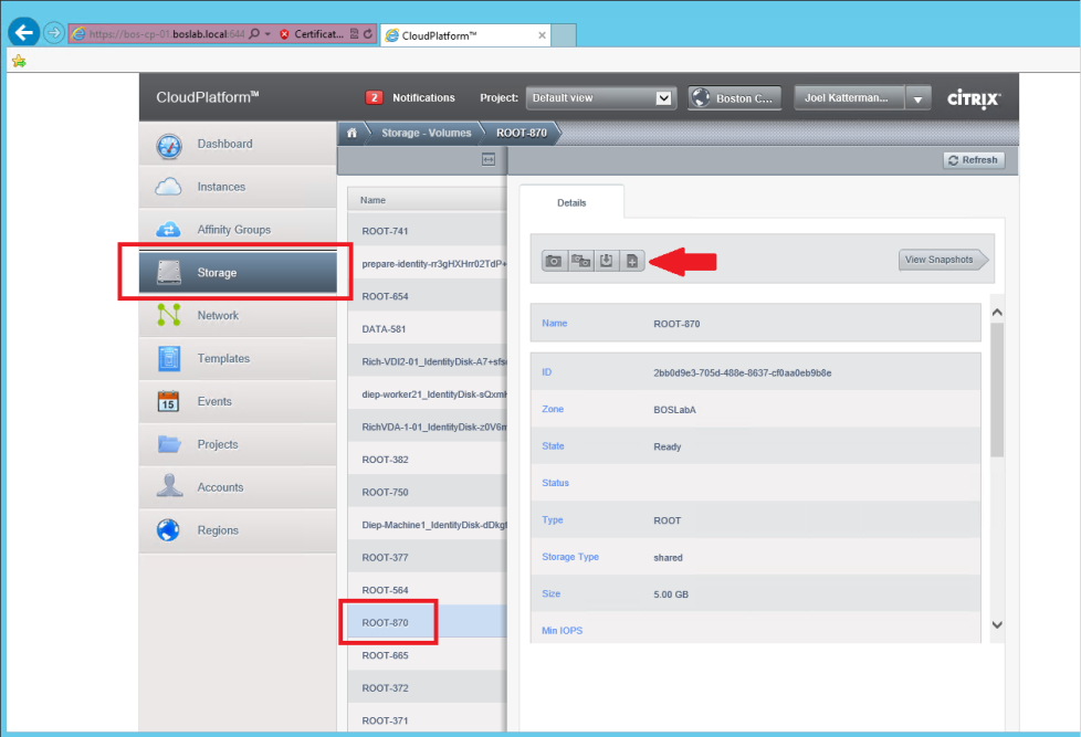 Teil 6: Erstellen einer Vorlage aus dem Volume der Instanz Wenn in CloudPlatform angegeben wird, dass die Instanz angehalten wurde, führen Sie folgende Schritte durch: 1.