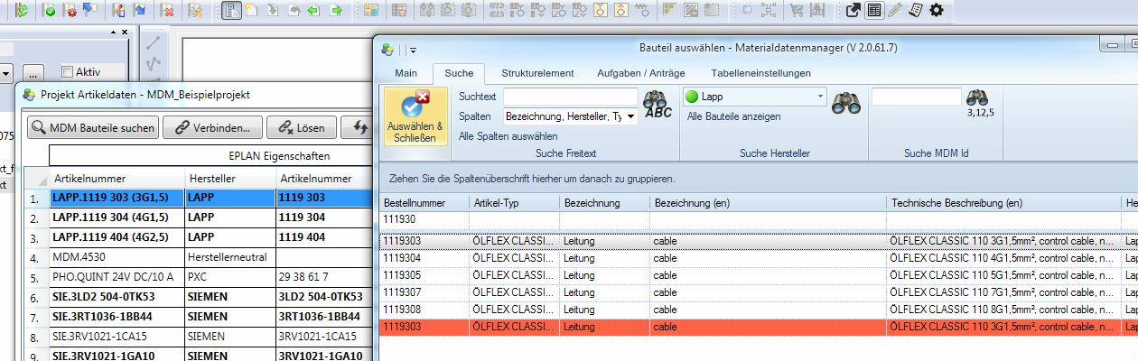 CAD-Schnittstellen Artikeldaten_Schreibflächen Mit der Schaltfläche Update aus MDM Daten können die Inhalte bereits verknüpfter Artikel jederzeit aktualisiert werden.