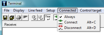 Mit Clear Rx-Window kann das Empfangsfenster gelöscht werden. Unter dem Menü Connected kann die COM-Verbindungsart eingestellt werden.