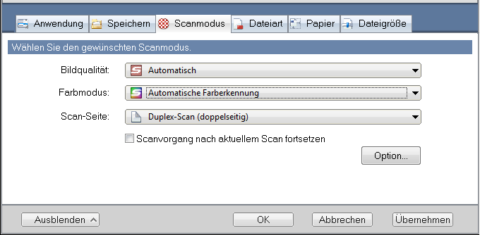 Verschiedene Anwendungsmöglichkeiten von ScanSnap (für Windows) 5. Wählen Sie [Duplex-Scan (doppelseitig)] unter [Scan-Seite] der [Scanmodus] Registerkarte aus.