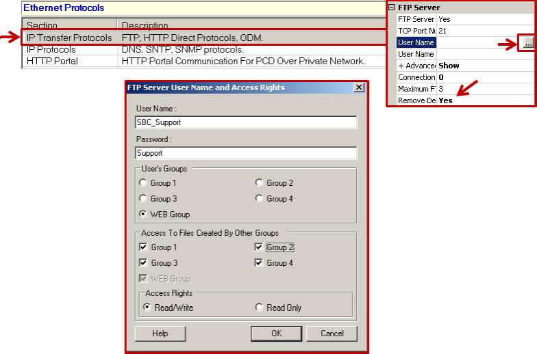 Die Parameter des FTP Servers sind unter dem Tab Ethernet Protocols hinterlegt. Einem Benutzer muss auch das dazugehörige Password mit einer Gesamtlänge von bis zu maximal 20 Zeichen definiert werden.