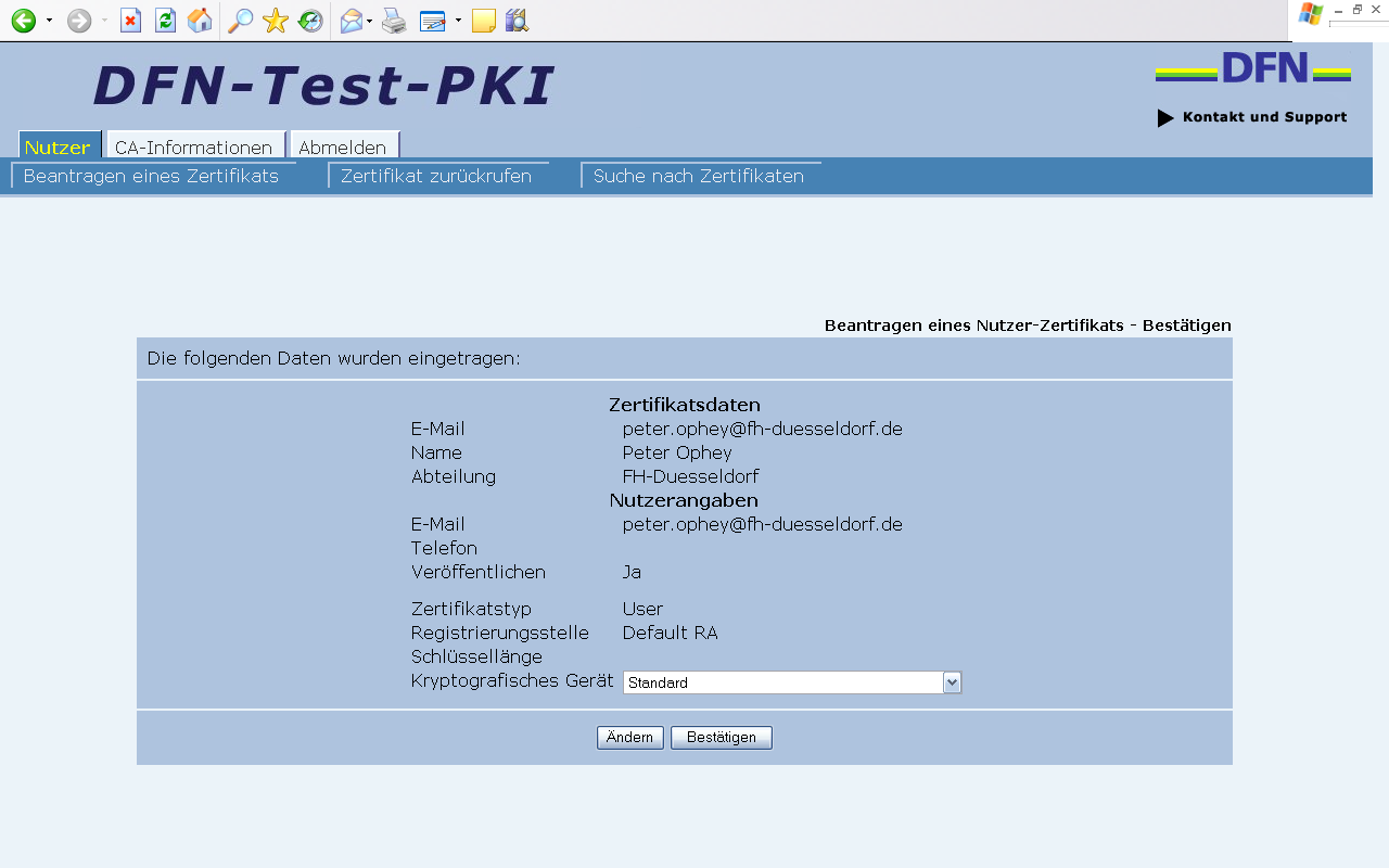3.4 Workow der FH-D-CA / Test-PKI 3 DFN-PKI Abbildung 20: Angaben