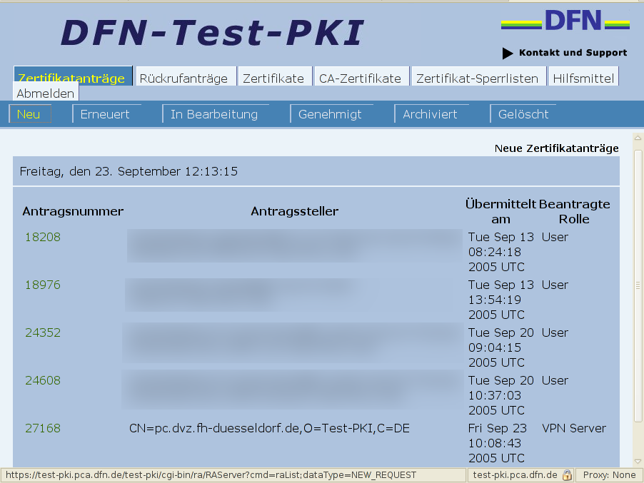 3.4 Workow der FH-D-CA / Test-PKI 3 DFN-PKI zierungsantrags bei der RA muss sich der Anwender mit dem zuvor ausgedruckten Formblatt und einem Dokument, welches die eindeutige Identizierung