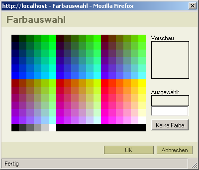 Seite 18 / 19 WebTac Content Management System 2.0 Die Farbauswahl erfolgt über eine Farbtafel oder direkt über die Farbcodes.