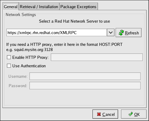 Kapitel 4. Red Hat Update Agent wählen Sie die Aktiviere HT T P Proxy-Option und geben Ihren Proxy-Server in das T extfeld im Format http://host:port ein.