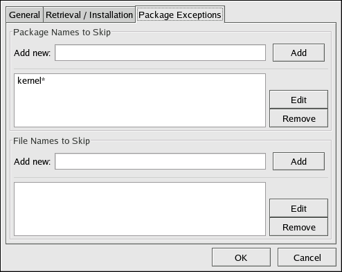 Kapitel 4. Red Hat Update Agent aktualisierten RPM-Paketen ausgeschlossen werden (siehe Abbildung 4.18, Paketausnahme- Einstellungen ).