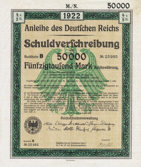 Die Zwangsanleihen des Deutschen Reichs von 1922 Spekulationsobjekt: Die 4-5%ige Zwangsanleihe des Deutschen Reichs von 1922 wurde mit einem Emissionsvolumen von 70 Milliarden Mark in Form von
