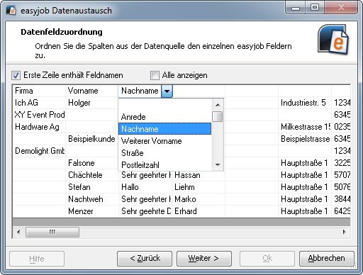 3. Clicken Sie Import. 4. Nach der Auswahl der Importdatei sehen Sie eine Vorschau der Daten. 5. Wählen Sie über die Spaltenzuordnung das jeweilige Zielfeld in easyjob aus. 6.