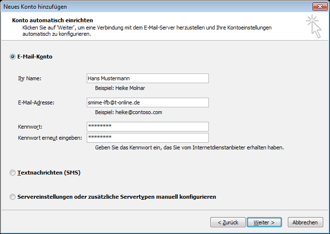 Microsoft Outlook unterstützt Sie beim Einrichten über eine automatische Konfiguration.