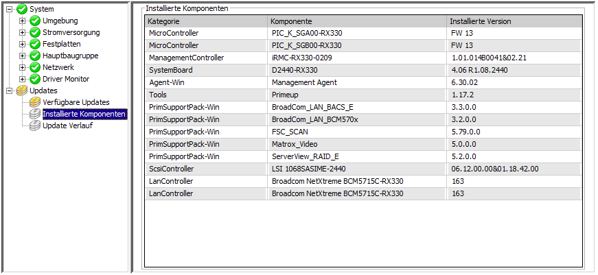 2 Das Hauptfenster des ServerView System Monitors Bild 35: Ansicht Installierte Komponenten Spalte Kategorie Bedeutung Die Gruppe, der