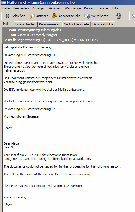 Systemrückmeldung: Negativmeldung 1 (F-20100726_00002) zu ENR 1999023 Korrekturvorschlag: Der Dateiname der Datencontainers ist zu korrigieren: 1999023.zip.