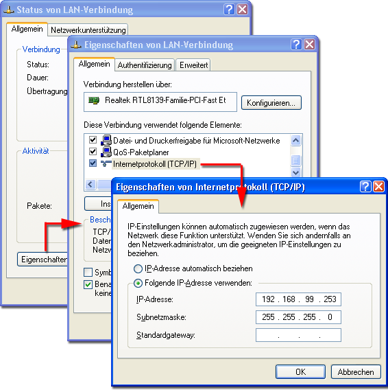 Konfiguration Windows XP: IP-Adresse setzen Tipp: Um die IP-Adresse der Web-Konsole zu ermitteln, geben Sie an einem angeschlossenen Systemtelefon die Kennziffernprozedur *182 ein.