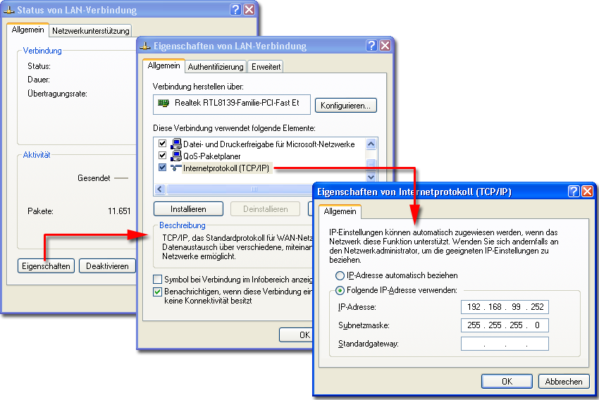 Konfiguration Windows XP: IP-Adresse setzen Tipp: Um die IP-Adresse der Web-Konsole zu ermitteln, geben Sie an einem angeschlossenen Systemtelefon die Kennziffernprozedur *182 ein.