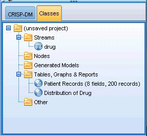 IBM SPSS Modeler-Projekte Unten rechts im Fenster befindet sich der Projektbereich, der zum Erstellen und Verwalten von Data-Mining-Projekten verwendet wird (Gruppen von Dateien, die in Bezug zu