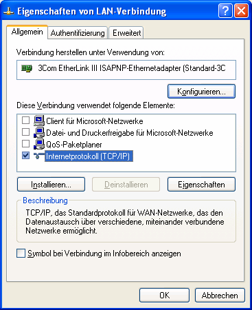 3.4. Windows XP Kontrollieren Sie bitte ein paar für das Internet wichtige Einstellungen Ihrer Netzwerkkarte.