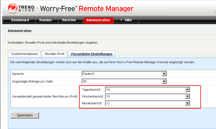 Berichte verwalten Berichteinstellungen Mit WFRM können Sie Berichte mit bis zu 512 MB speichern.