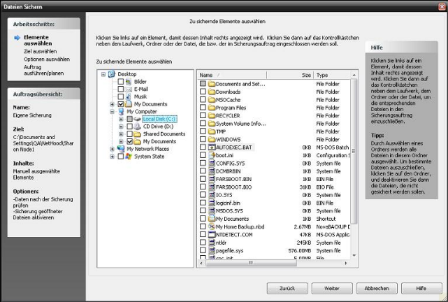 Elemente manuell auswählen Auf diesem Bildschirm können Sie die Dateien und/oder Ordner auswählen, die im aktuellen Sicherungssatz enthalten sein sollen.