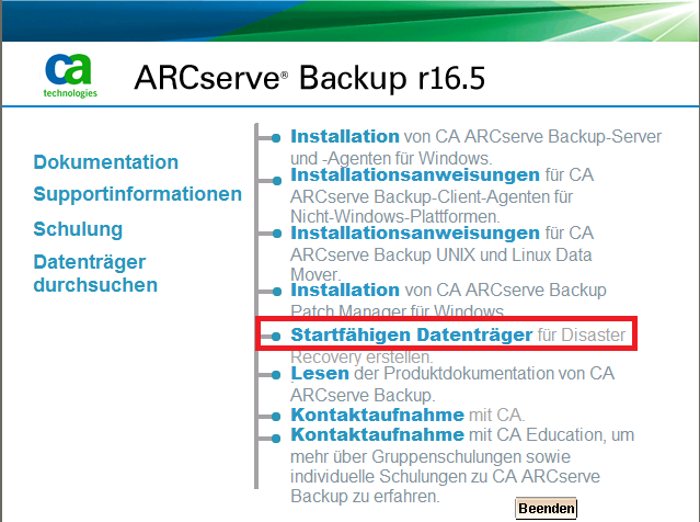 WinPE-Voraussetzungen unter Windows 8 und Windows Server 2012 Hinweis: Optional können Sie den Assistenten vom CA ARCserve Backup-Installationsdatenträger starten. Hinweis: Wenn Sie Windows ADK 8.