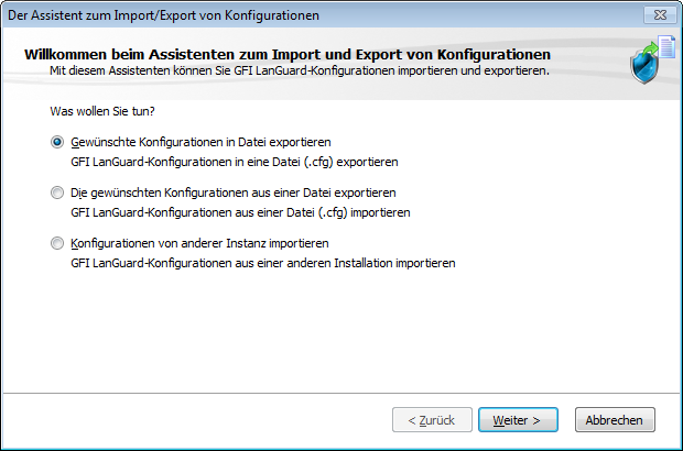 Screenshot 1: Exportieren von Konfigurationen in eine Datei 5. Warten Sie, bis der Konfigurationsbaum geladen ist, und wählen Sie die Konfiguration für den Export aus.