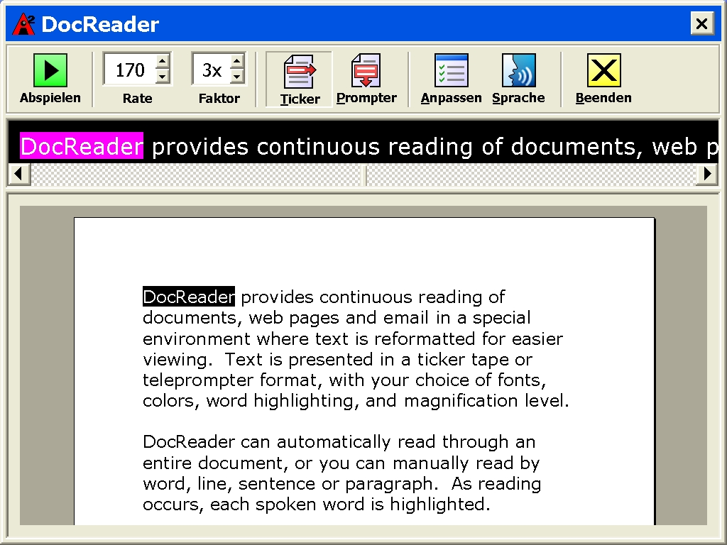 204 DocReader Der DocReader liest Dokumente, Web-Seiten und EMails in einer speziellen Umgebung, in der der Text zur leichteren Ansicht umformatiert wurde.