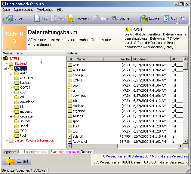 Schritt für Schritt zu einer erfolgreichen Datenrettung mit GetDataBack, (c) 2009 von Runtime Software Seite 10 III.IV. Schritt 3 Datenrettungsbaum Schritt 3 sollte so aussehen: III.IV.I. Schritt 3 Bildschirm Diese Bildschirmseite wird Sie an den Windows Explorer erinnern.