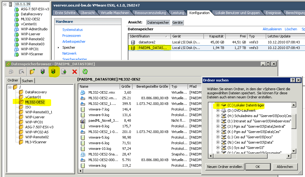 ESX-Host Sichern einer VM von Hand ESX-Host markieren- Konfiguration - Speicher Rechtsklick auf den Datastore Browse Datastore -