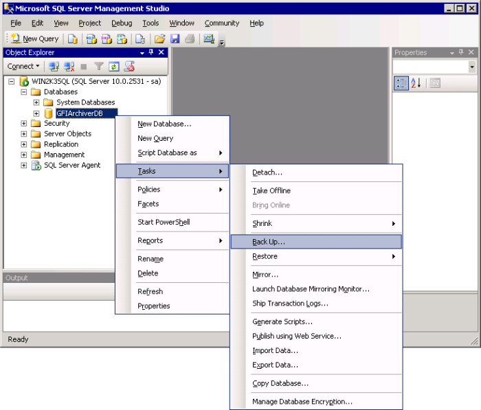 Screenshot 74: Sichern einer SQL-Datenbank 6. Starten Sie in Microsoft SQL Server den Microsoft SQL Server Manager, und sichern Sie die in Schritt 2 notierte Archivdatenbank.