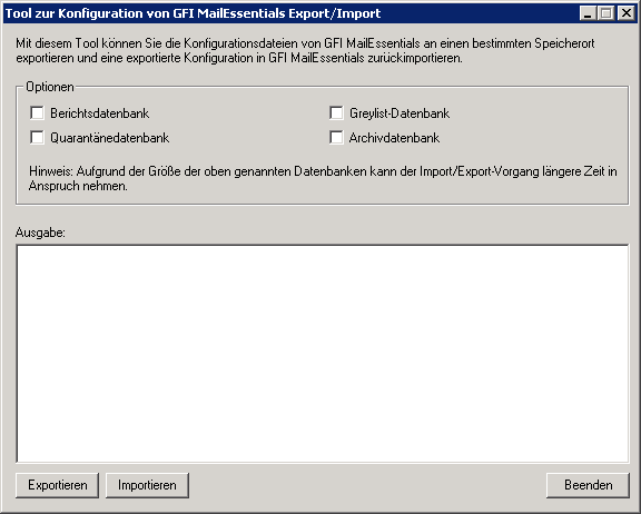 Bild 86 - Konfiguration des GFI MailEssentials Export/Import-Tools 3. (Optional) In GFI MailEssentials können neben Konfigurationseinstellungen auch andere Datenbanken exportiert werden.