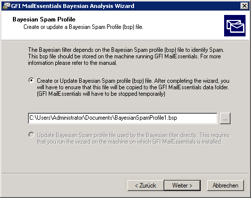 1. Kopieren Sie die Setup-Datei bayesianwiz.exe des Assistenten für Bayes'sche Analyse auf den ausgewählten Rechner. Diese befindet sich im Ordner BSW im Installationsordner von GFI MailEssentials.