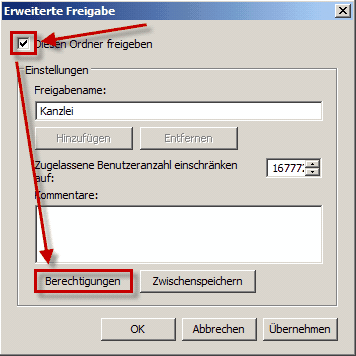 Seite 8 Wechseln Sie im Eigenschaftsfenster auf die Registerkarte»Freigabe«. Klicken Sie auf die Schaltfläche <Erweiterte Freigabe>.