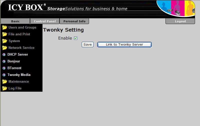 Um zur Benutzerführung von Twonkymedia zu gelangen, klicken sie auf Link to Twonky Server Die Twonky Media Bedienoberfläche wird in einem Fenster angezeigt Gebrauch von Twonky Media Beim Start wird