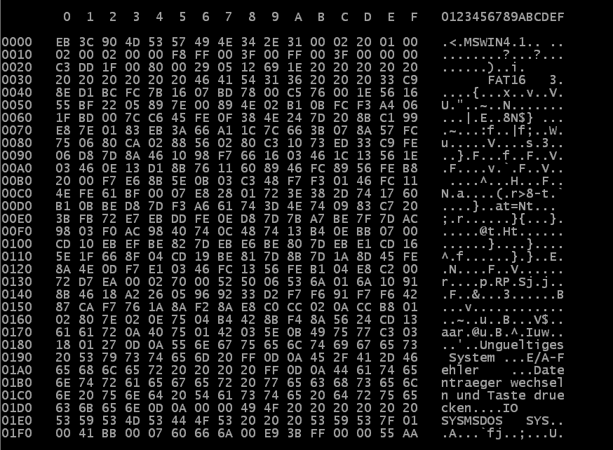 FG TECHNISCHE INFORMATIK V BS 323 00 TH 05 Das FAT12/16-Dateisystem von MS-DOS/WINDOWS (3) Beispiel für einen Bootsektor (ab DOS 4.