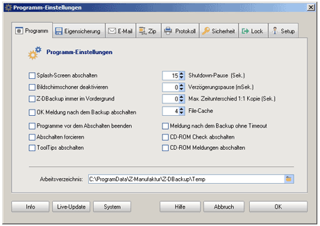 Programmeinstellungen Z-DBackup In diesem Programm-Fenster sind alle Einstellungen zusammengefasst, die für alle Backup-Sets gültig sind. 1. Spalte Splash-Screen abschalten Startbildschirm abschalten.