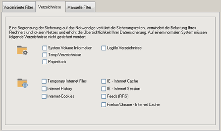 Datei Filter exklusiv Sollen bei der Sicherung bestimmte Dateien oder Verzeichnisse ignoriert werden, so können diese Dateien/Verzeichnisse in diesem Fenster ausgewählt bzw. definiert werden.