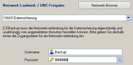 Netzwerksicherung Z-DBackup muss die Netzwerk Verbindung eigenständig und unabhängig vom angemeldeten Benutzer herstellen können und benutzt deshalb den UNC-Pfad für das entsprechende