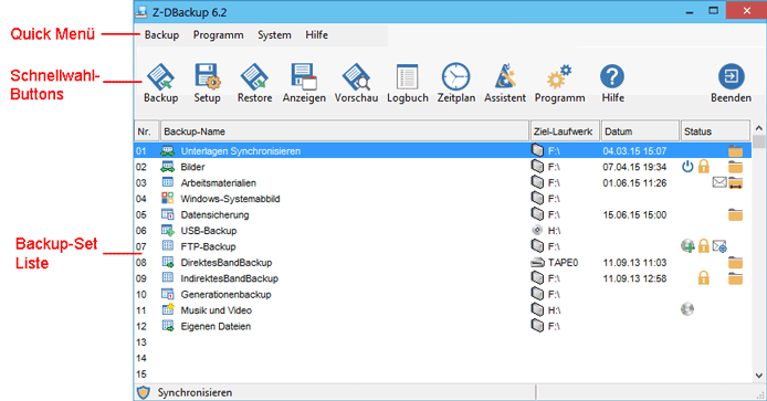 Z-DBackup Programmfenster Innerhalb von Z-DBackup steht Ihnen eine kontextbezogene Hilfefunktion zur Verfügung.
