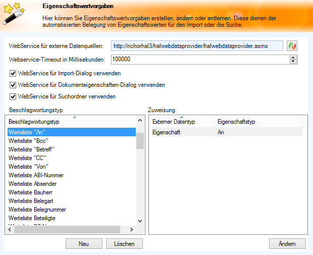 Um eine neue Eigenschaftswertvorgabe zu erstellen muss der Button Neu betätigt wer-den. Zu beachten ist, dass die Namen der Beschlagwortungstypen nicht nachträglich geändert werden können.