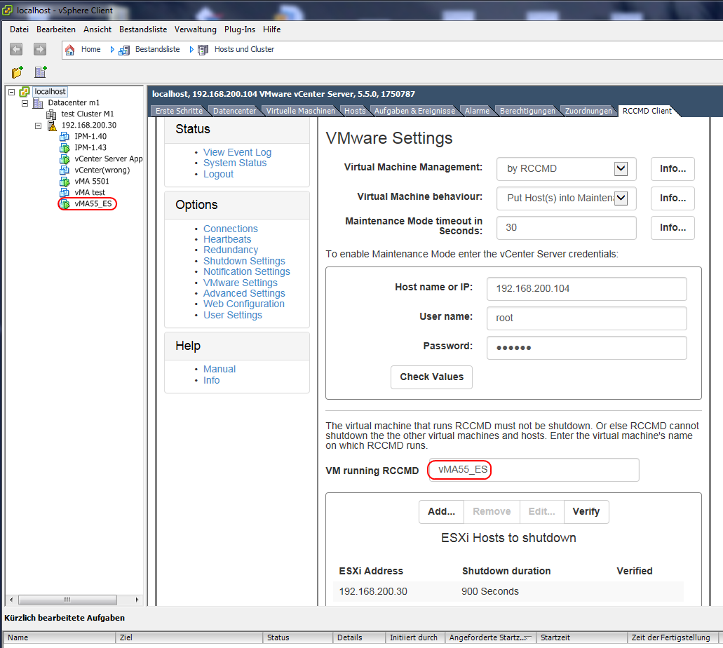 Abb. 166: RCCMD WebInterface VMware Settings vma Name Wählen Sie Virtual Machine Management: by RCCMD, wenn die Hosts von einem vcenter Server gesteuert werden.