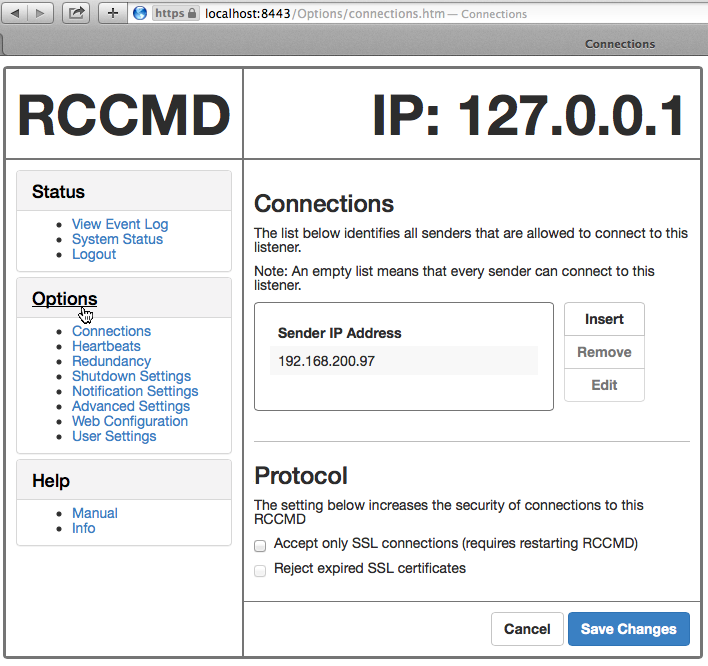 Abb. 211: RCCMD WebInterface Im Menü Connections können Sie die IP-Adressen der berechtigten RCCMD Sender (CS121/UPSMAN) eintragen.