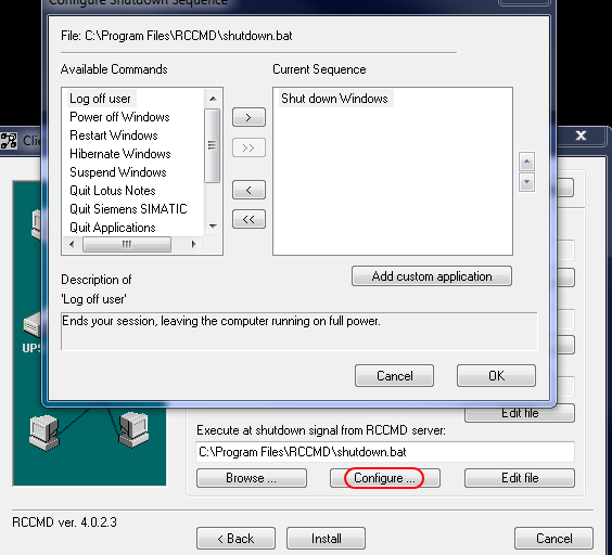Abb. 66: CS121 Email Kommando Step 9: Wenn Sie die Shutdown Sequenz verändern möchten, klicken Sie auf Configure. Abb. 67: RCCMD Shutdown Sequenz Konfiguration 2.12.1 Der RCCMD Client als Relay Station Wenn Sie eine grössere Anzahl von RCCMD Empfänger erreichen möchten, muss ein RCCMD Client als Relay Station fungieren.