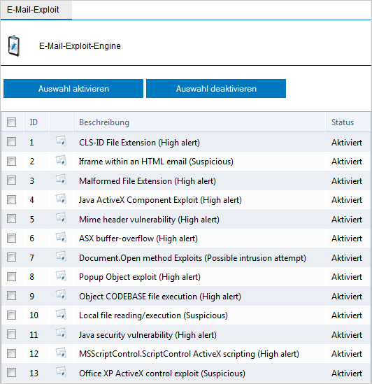 Screenshot 58: Liste der E-Mail-Exploits 2. Markieren Sie die Kontrollkästchen der Exploits, die aktiviert oder deaktiviert werden sollen. 3.