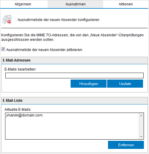 Screenshot 81: Neue Absender Ausnahmen 3. Konfigurieren Sie auf der Registerkarte Ausnahmen die Absender und Empfänger, deren E-Mails von der Prüfung auf neue Absender ausgeschlossen werden sollen.