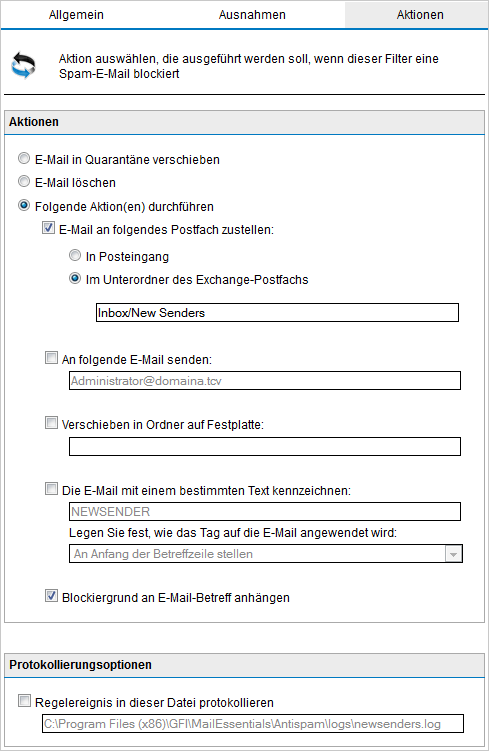 Screenshot 82: Anti-Spam-Aktionen Aktion E-Mail in Quarantäne verschieben E-Mail löschen Beschreibung Als Spam erkannte E-Mails werden im Quarantänespeicher abgespeichert.