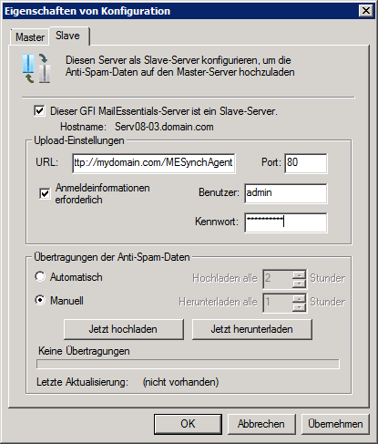 Screenshot 141: Konfigurieren eines Slave-Servers 3. Aktivieren Sie auf der Registerkarte Slave die Option Dieser GFI MailEssentials-Server ist ein Slave- Server. 4.